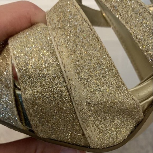 GUESS Gold Glitter Stiletto Heels Strappy 9.5 HAYLI Prom Party Ballroom Dance - Picture 8 of 9